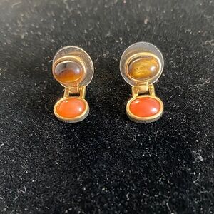 Gold-Tone Drop Earrings with Brown and Orange Stones